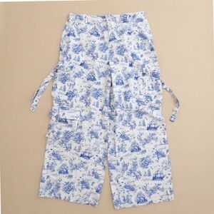 AVEC LES FILLES Oceanic Print Wide Leg Cargo Pants Linen Blue White Nautical XL